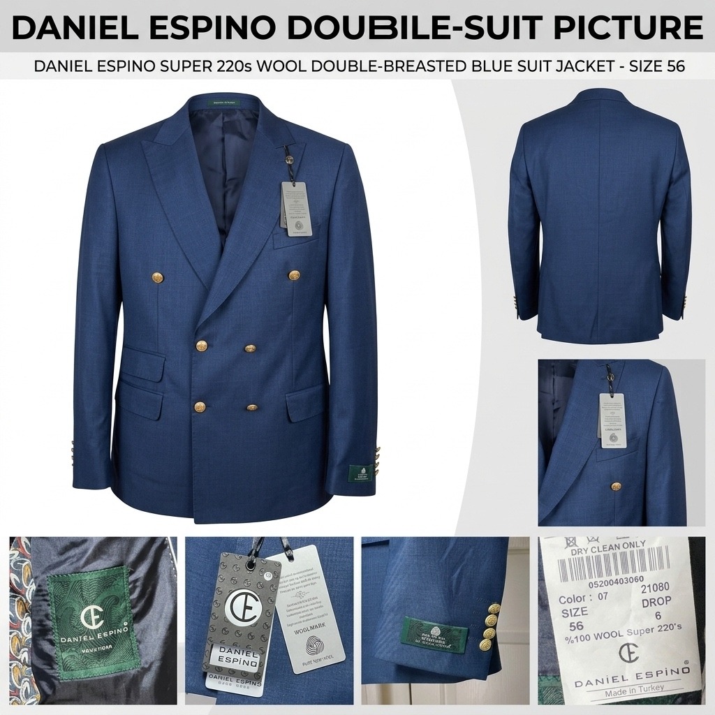 Daniel Espino Mens Navy Blue Super 220s Wool Double Breasted Blazer Size 42 Gold